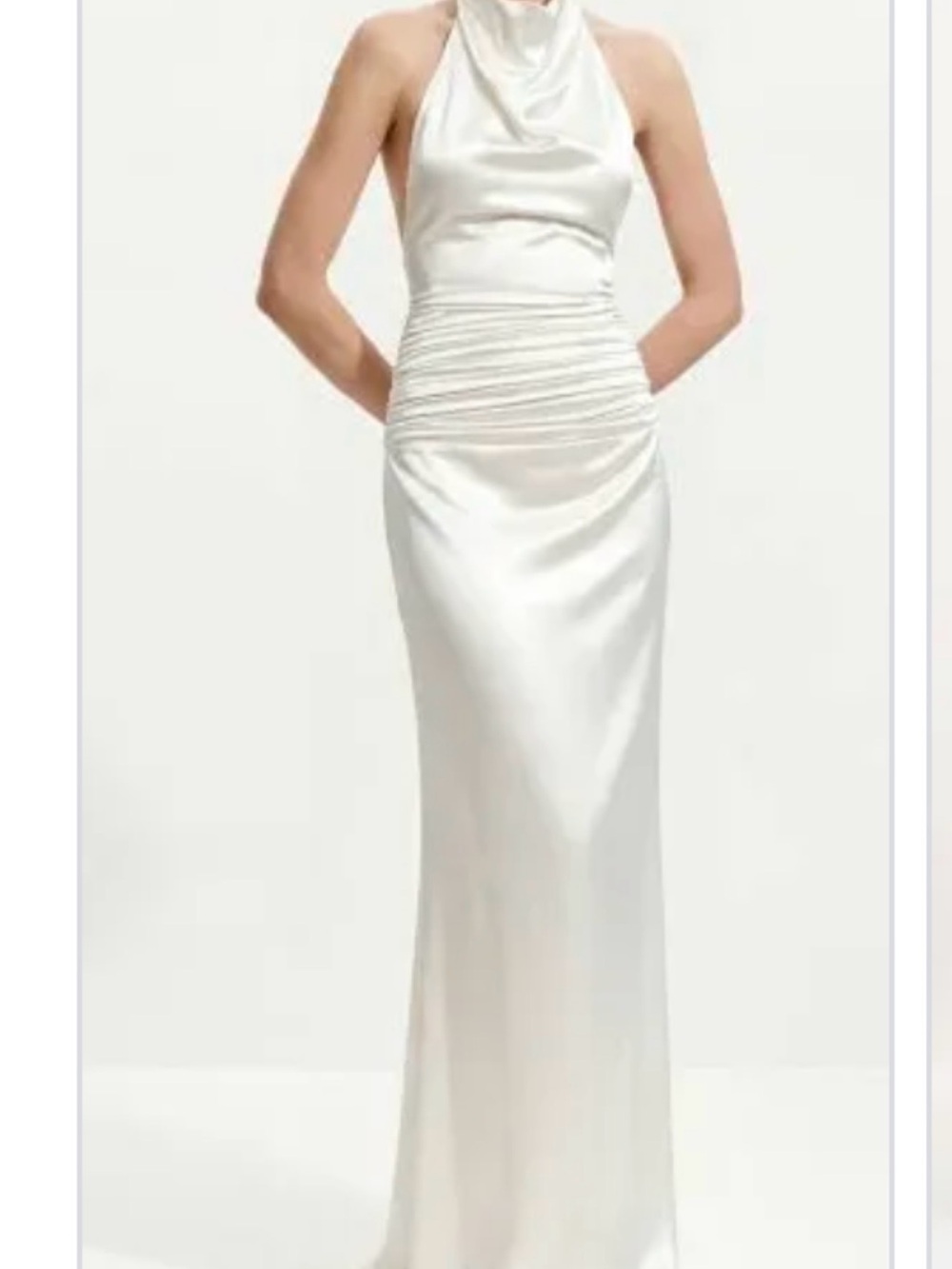 JW PEI White Satin Cowl Halter Gown with Ruched Waist